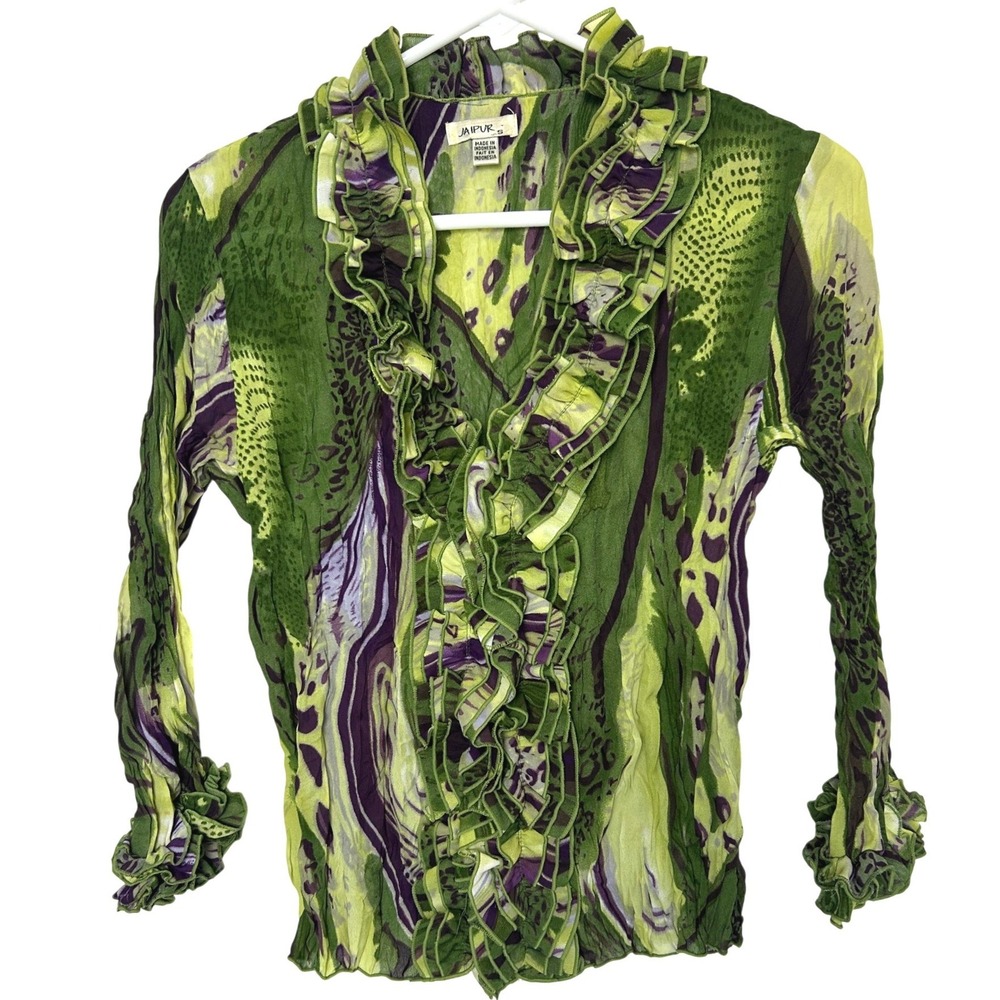 Vintage 90s Jaipur Ruffle Blouse‎ Green Abstract Animal Print Size S artsy funky